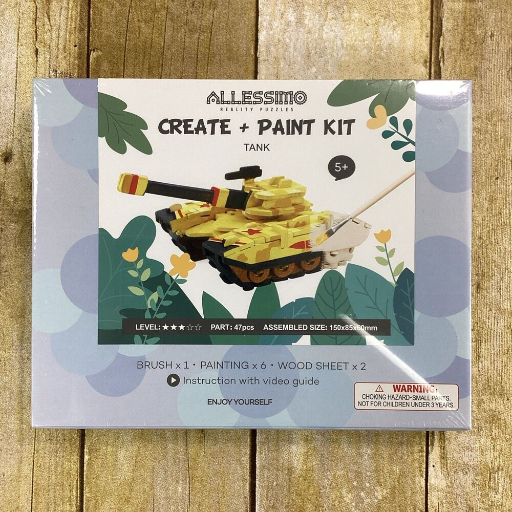 Allessimo 3D Wooden Tank Model Paint Kit Kids 47pcs New Sealed